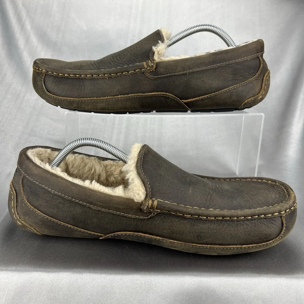 UGG Ascot Leather Wool Slippers Loafers Men's 12 Dark Brown‎ Driving S/N 1103889